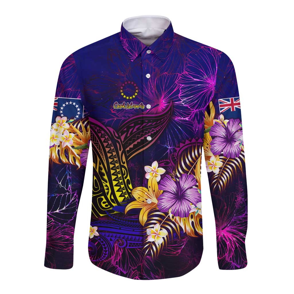 Cook Islands Long Sleeve Button Shirt Whale Hibiscus Polynesian DT02 Unisex Purple - Polynesian Pride