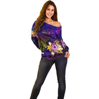Cook Islands Off Shoulder Sweater Whale Hibiscus Polynesian