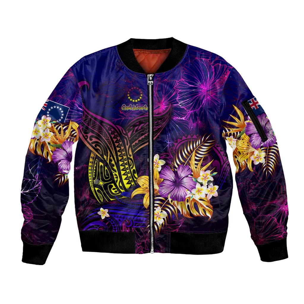 Cook Islands Sleeve Zip Bomber Jacket Whale Hibiscus Polynesian DT02 Unisex Purple - Polynesian Pride