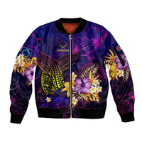 Cook Islands Sleeve Zip Bomber Jacket Whale Hibiscus Polynesian DT02 Unisex Purple - Polynesian Pride