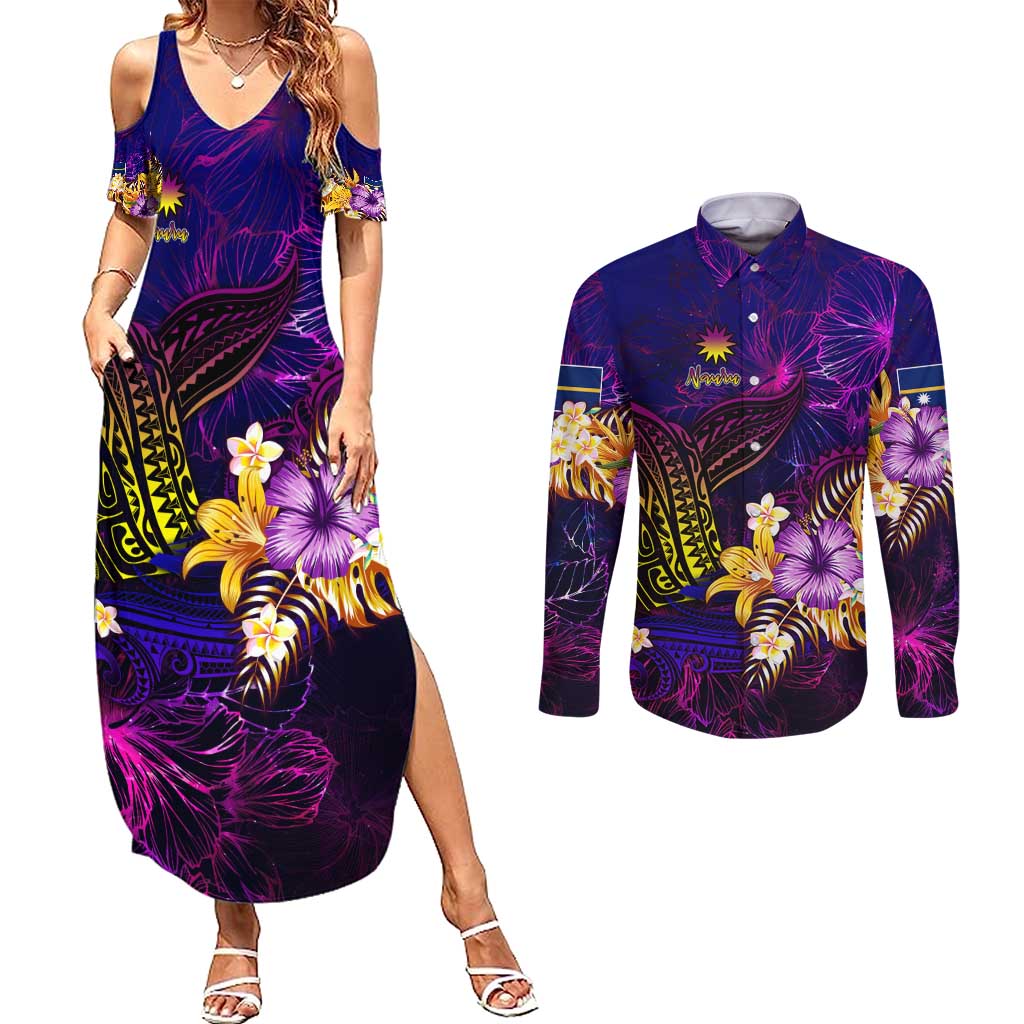 Nauru Couples Matching Summer Maxi Dress and Long Sleeve Button Shirt Whale Hibiscus Polynesian