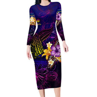 Nauru Long Sleeve Bodycon Dress Whale Hibiscus Polynesian