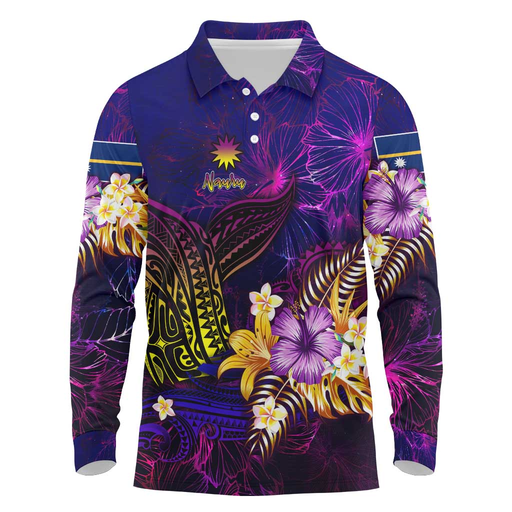 Nauru Long Sleeve Polo Shirt Whale Hibiscus Polynesian