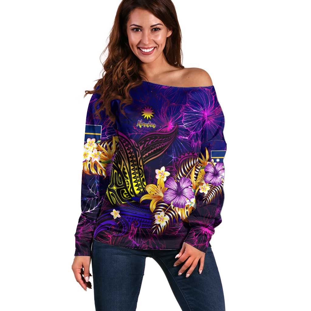 Nauru Off Shoulder Sweater Whale Hibiscus Polynesian