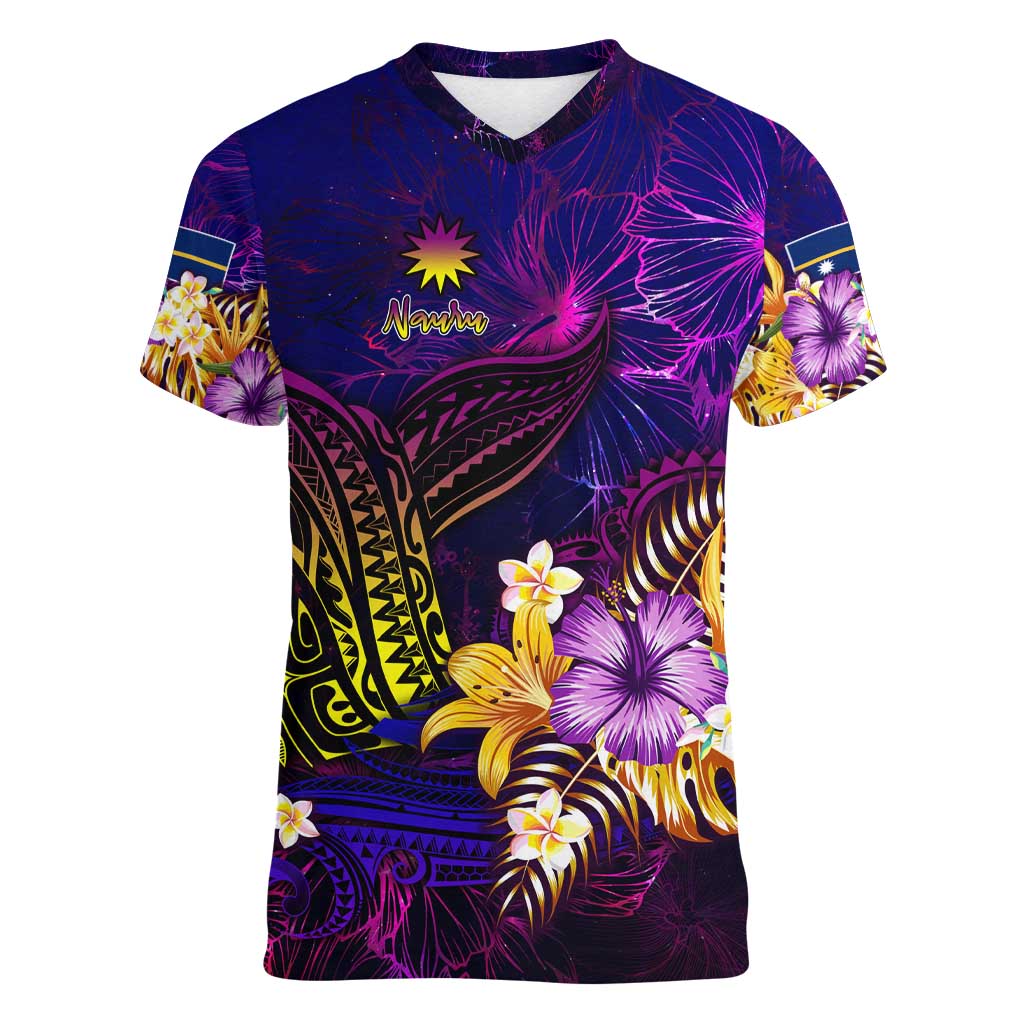 Nauru Women V-Neck T-Shirt Whale Hibiscus Polynesian