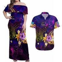 Tuvalu Couples Matching Off Shoulder Maxi Dress and Hawaiian Shirt Whale Hibiscus Polynesian