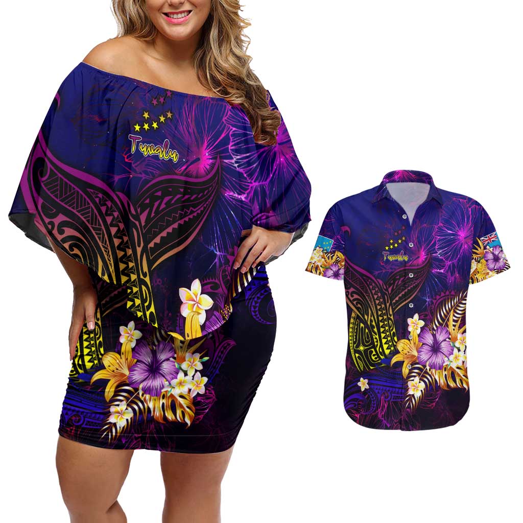Tuvalu Couples Matching Off Shoulder Short Dress and Hawaiian Shirt Whale Hibiscus Polynesian