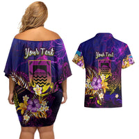 Tuvalu Couples Matching Off Shoulder Short Dress and Hawaiian Shirt Whale Hibiscus Polynesian