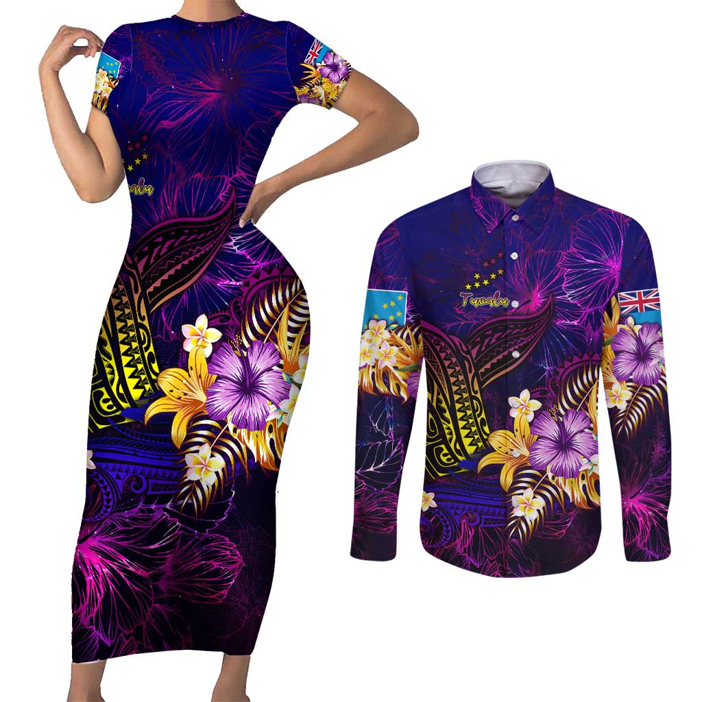 Tuvalu Couples Matching Short Sleeve Bodycon Dress and Long Sleeve Button Shirt Whale Hibiscus Polynesian