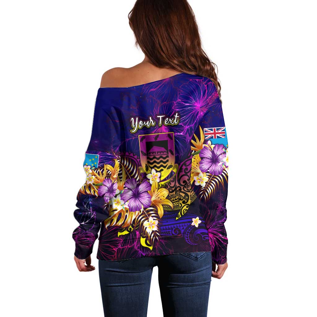 Tuvalu Off Shoulder Sweater Whale Hibiscus Polynesian