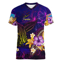 Tuvalu Women V-Neck T-Shirt Whale Hibiscus Polynesian