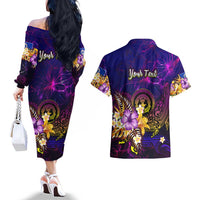 Northern Mariana Islands Couples Matching Off The Shoulder Long Sleeve Dress and Hawaiian Shirt Whale Hibiscus Polynesian