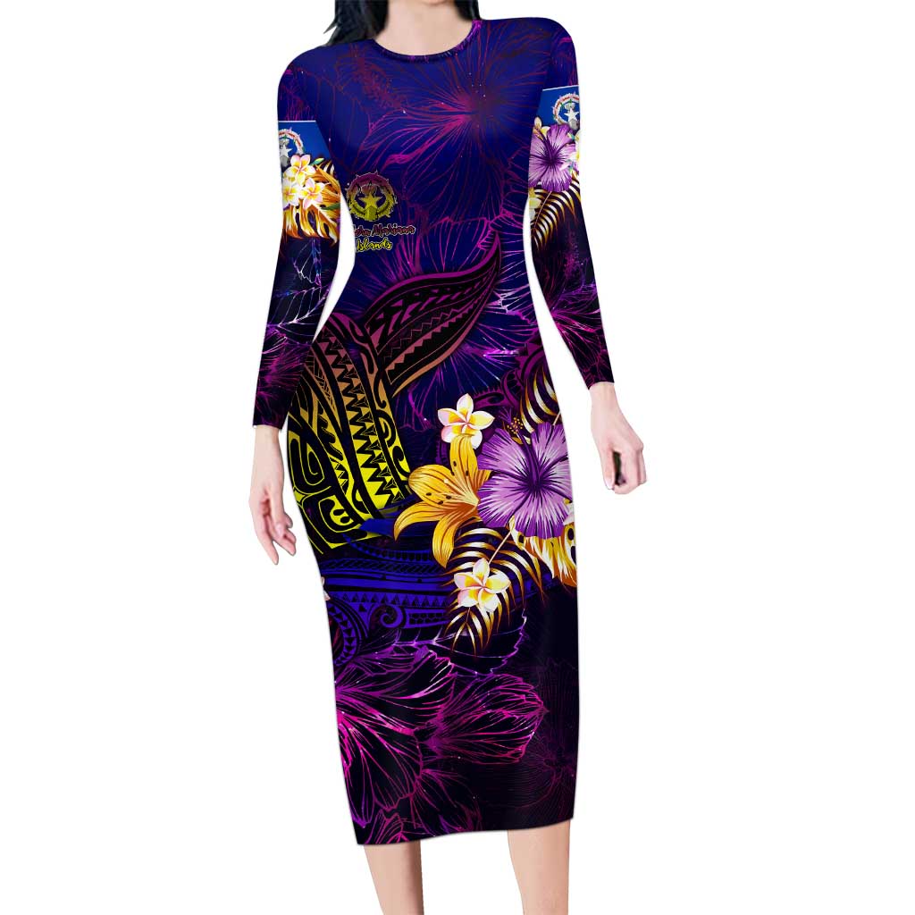 Northern Mariana Islands Family Matching Long Sleeve Bodycon Dress and Hawaiian Shirt Whale Hibiscus Polynesian DT02 Mom's Dress Purple - Polynesian Pride
