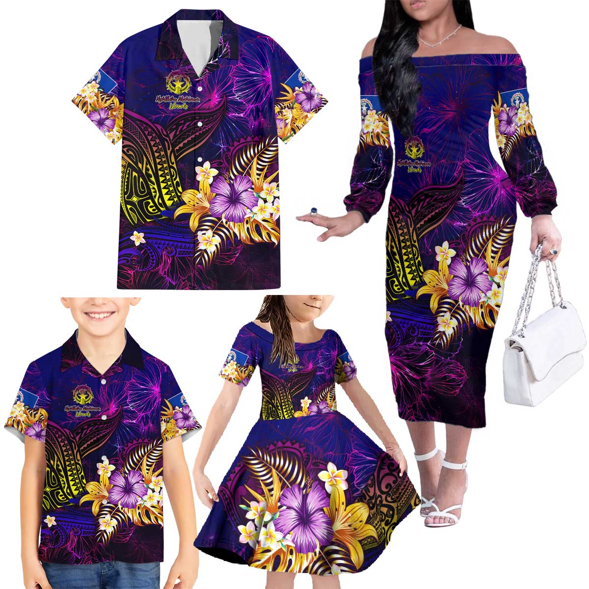 Northern Mariana Islands Family Matching Off The Shoulder Long Sleeve Dress and Hawaiian Shirt Whale Hibiscus Polynesian