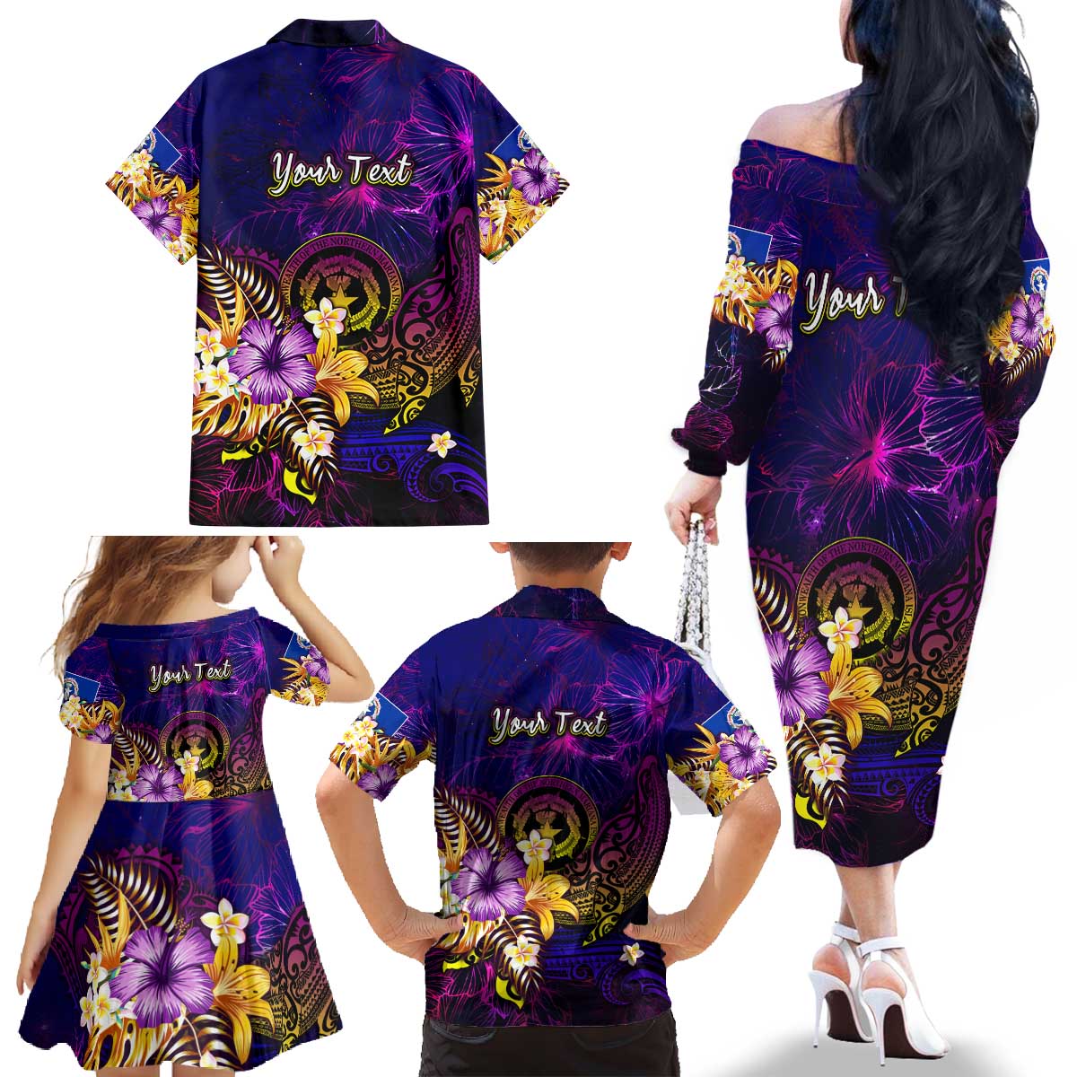 Northern Mariana Islands Family Matching Off The Shoulder Long Sleeve Dress and Hawaiian Shirt Whale Hibiscus Polynesian