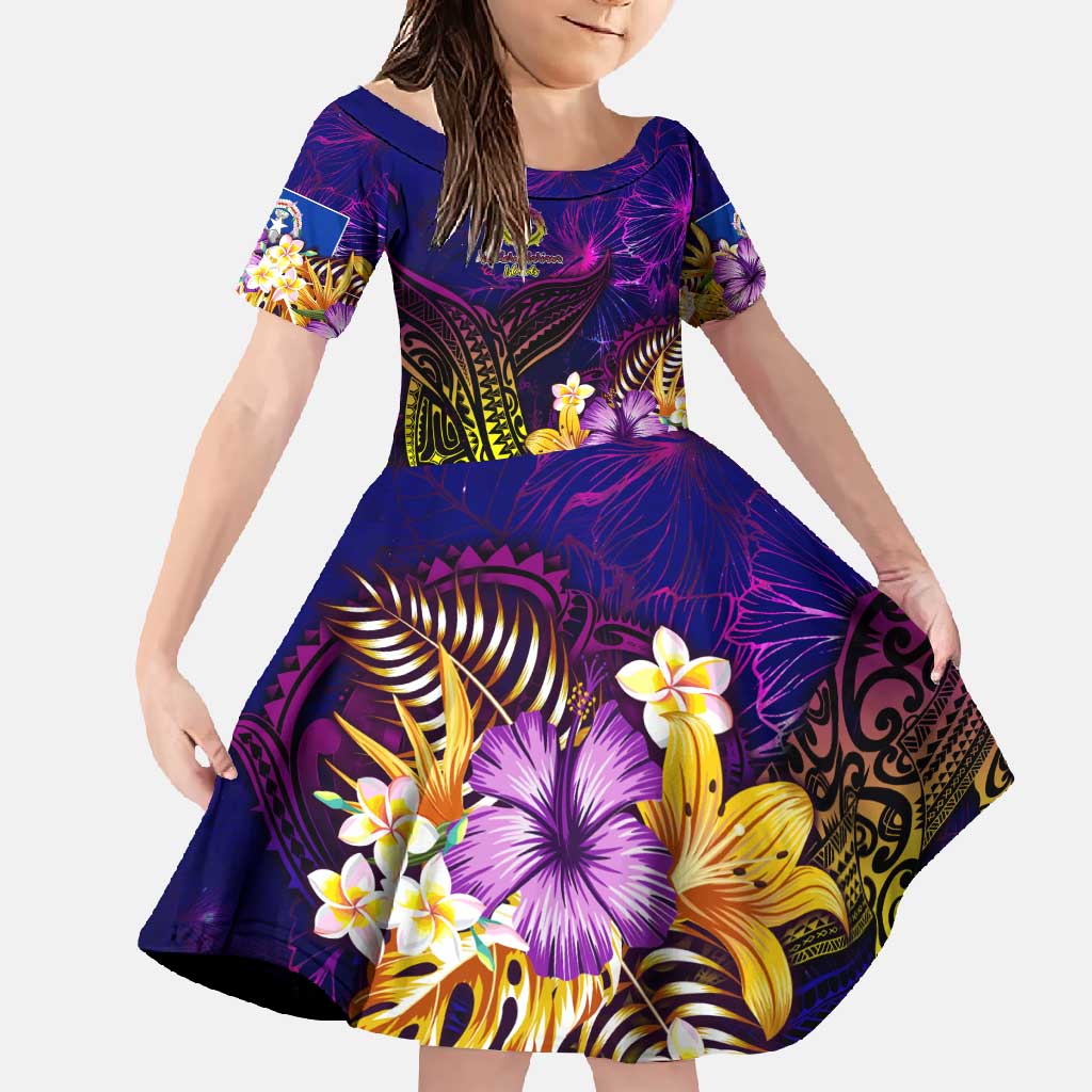 Northern Mariana Islands Family Matching Short Sleeve Bodycon Dress and Hawaiian Shirt Whale Hibiscus Polynesian DT02 Daughter's Dress Purple - Polynesian Pride