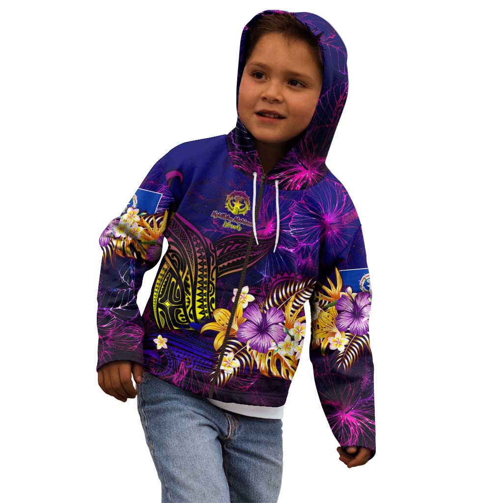 Northern Mariana Islands Kid Hoodie Whale Hibiscus Polynesian