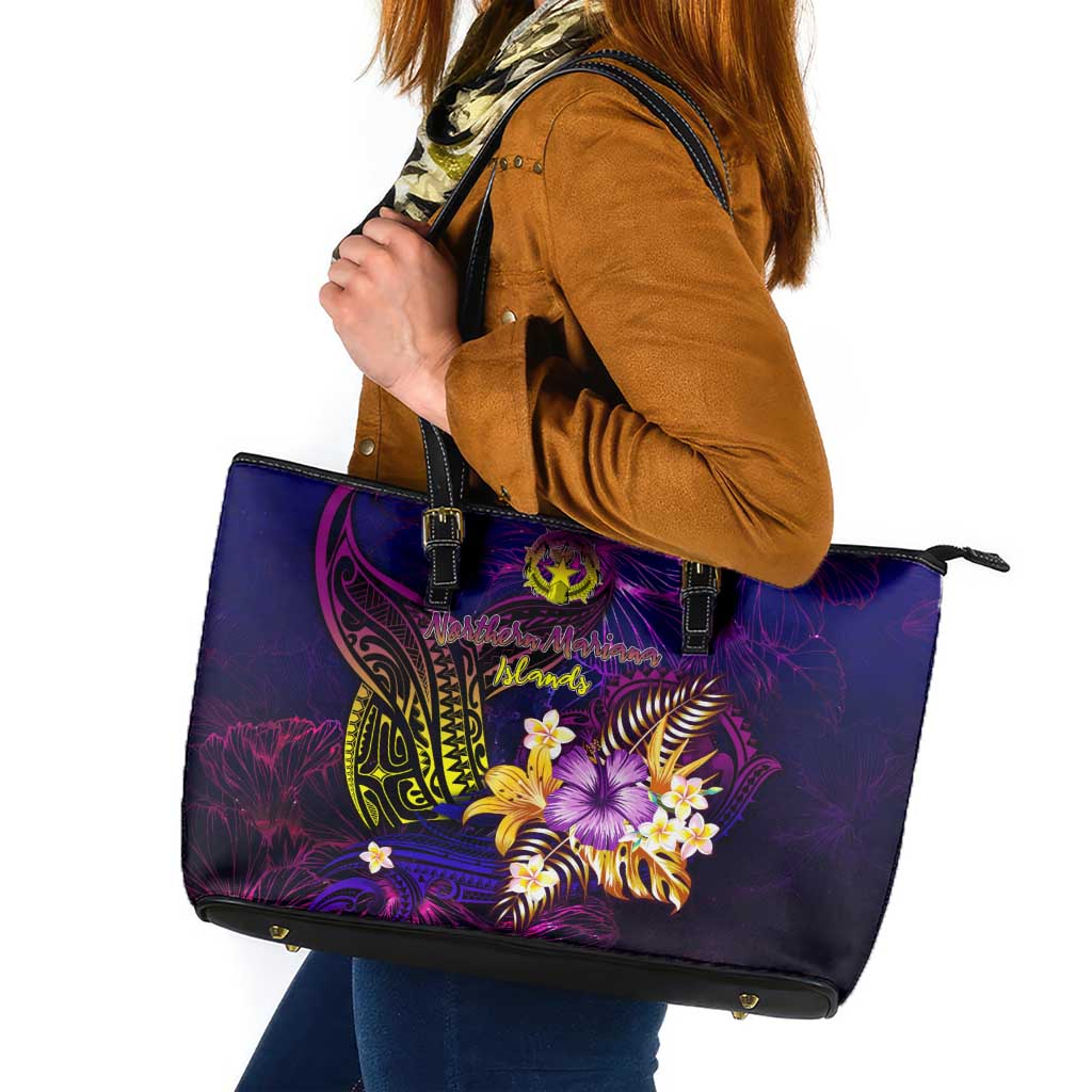 Northern Mariana Islands Leather Tote Bag Whale Hibiscus Polynesian