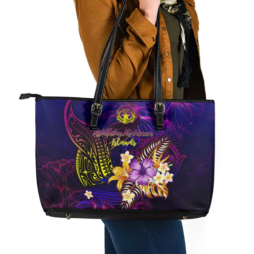 Northern Mariana Islands Leather Tote Bag Whale Hibiscus Polynesian