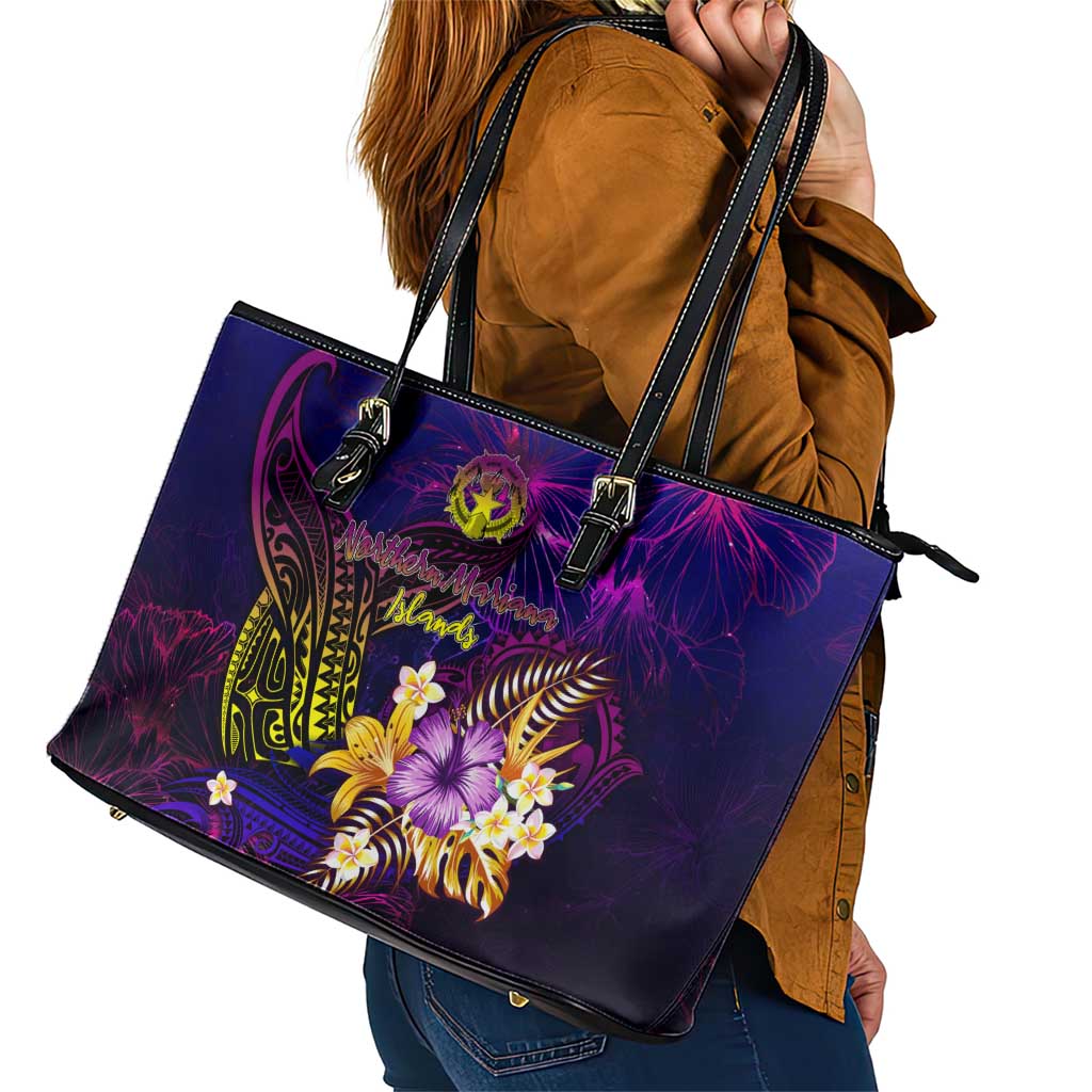 Northern Mariana Islands Leather Tote Bag Whale Hibiscus Polynesian