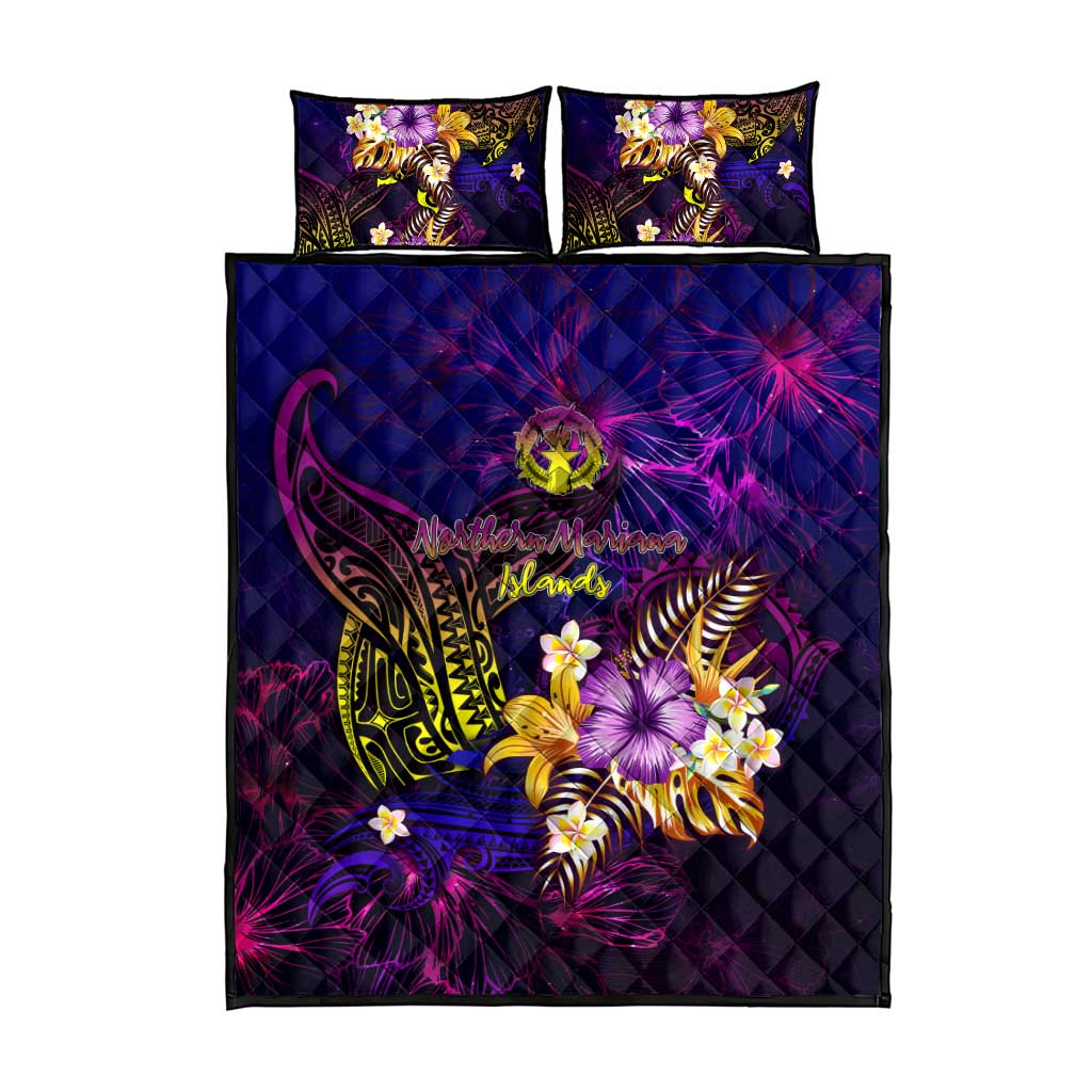 Northern Mariana Islands Quilt Bed Set Whale Hibiscus Polynesian