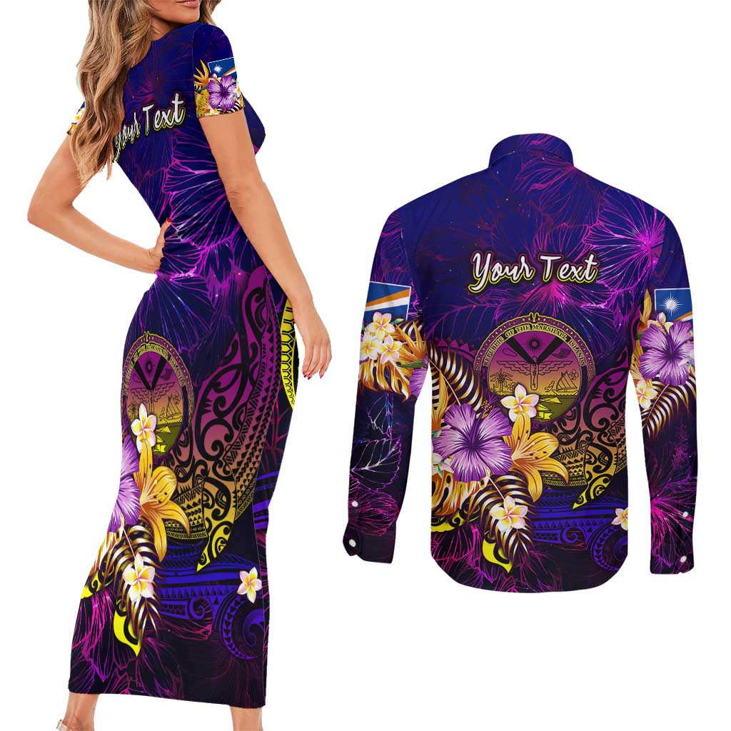 Marshall Islands Couples Matching Short Sleeve Bodycon Dress and Long Sleeve Button Shirt Whale Hibiscus Polynesian