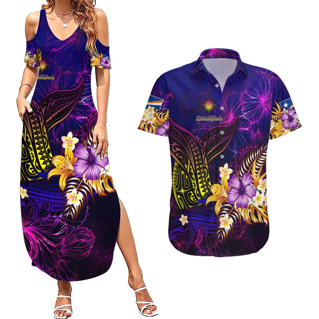 Marshall Islands Couples Matching Summer Maxi Dress and Hawaiian Shirt Whale Hibiscus Polynesian