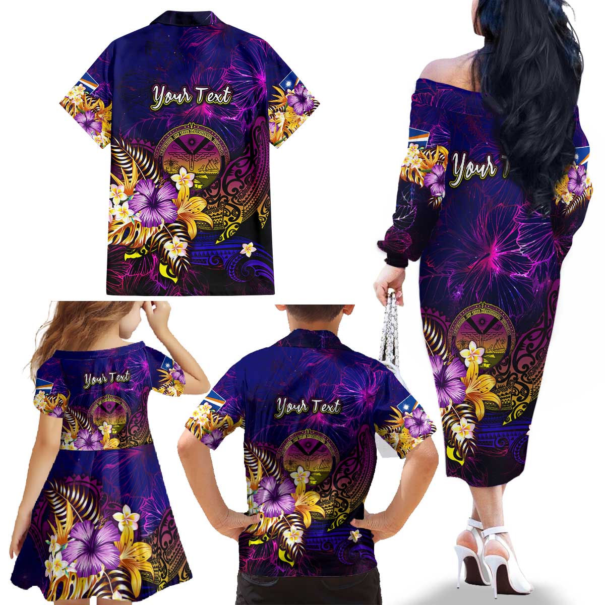 Marshall Islands Family Matching Off The Shoulder Long Sleeve Dress and Hawaiian Shirt Whale Hibiscus Polynesian