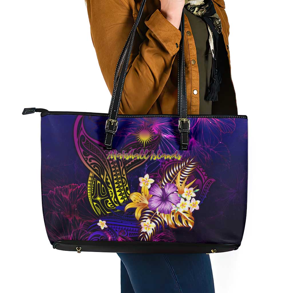Marshall Islands Leather Tote Bag Whale Hibiscus Polynesian