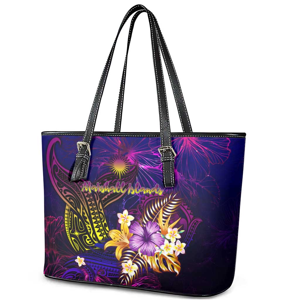 Marshall Islands Leather Tote Bag Whale Hibiscus Polynesian