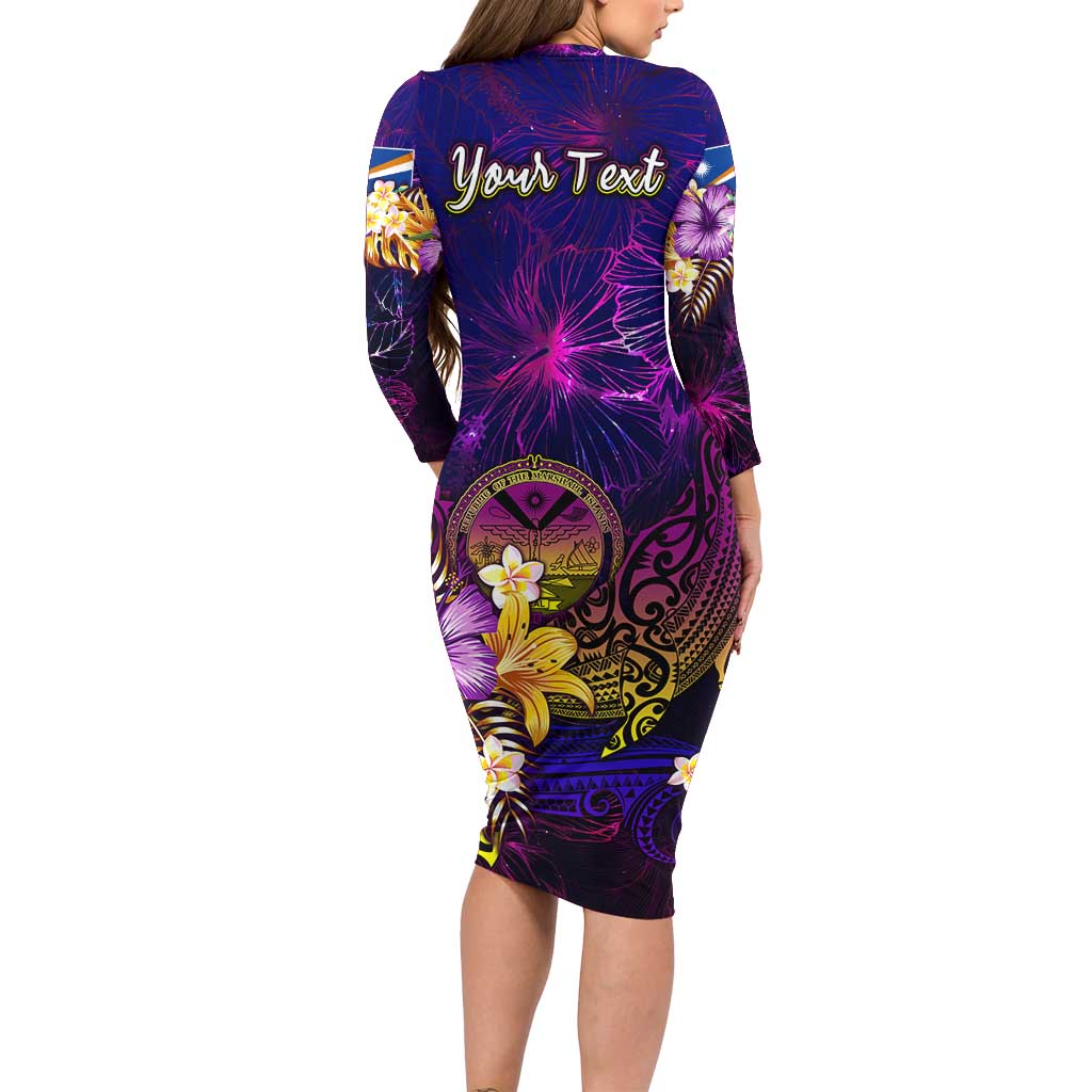 Marshall Islands Long Sleeve Bodycon Dress Whale Hibiscus Polynesian