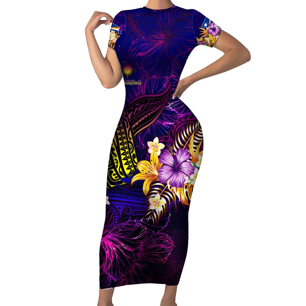 Marshall Islands Short Sleeve Bodycon Dress Whale Hibiscus Polynesian