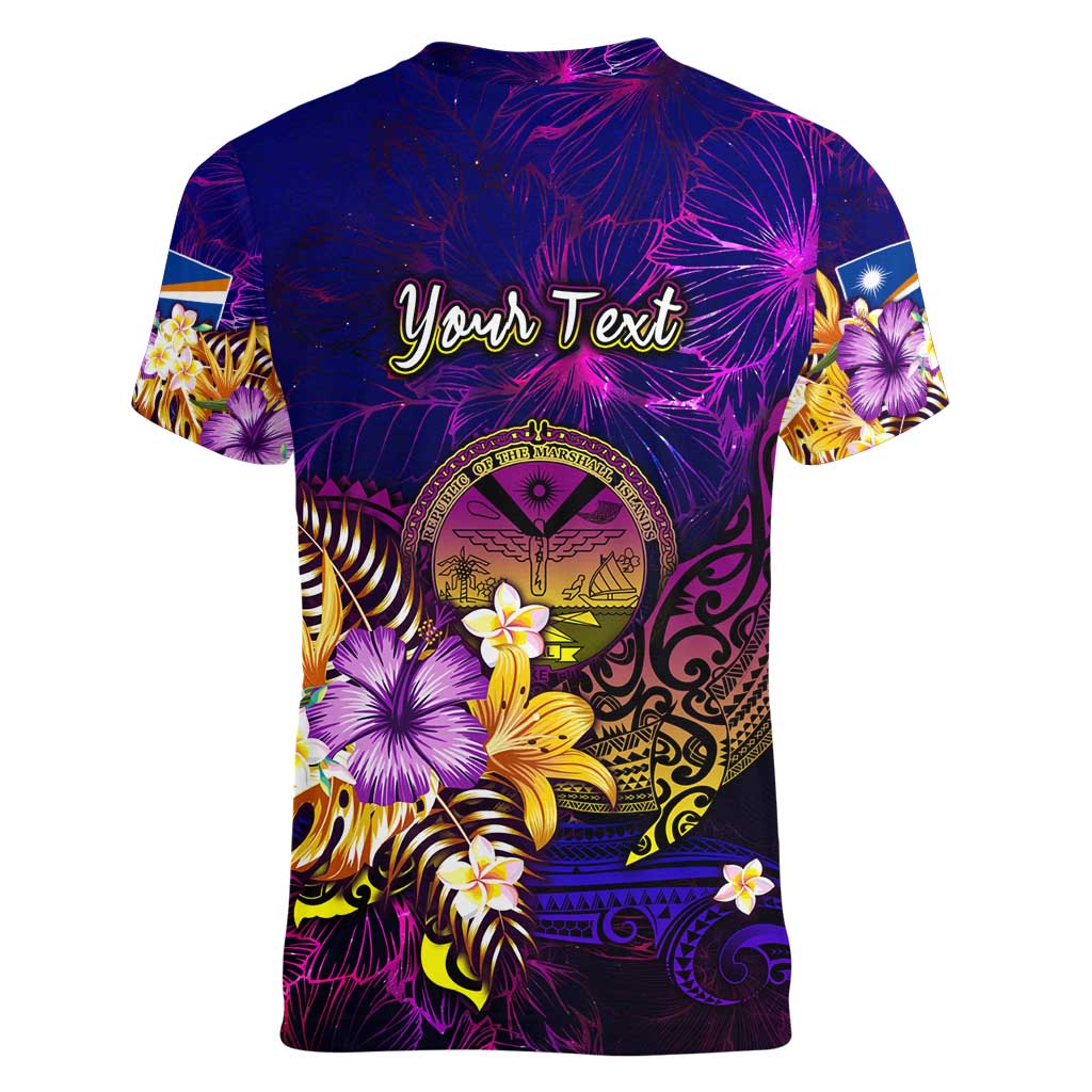 Marshall Islands Women V-Neck T-Shirt Whale Hibiscus Polynesian