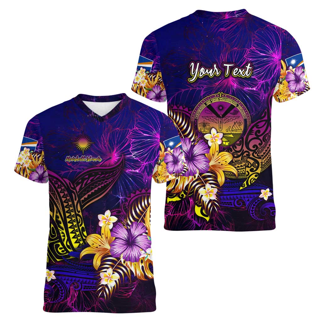 Marshall Islands Women V-Neck T-Shirt Whale Hibiscus Polynesian