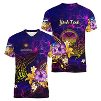 Marshall Islands Women V-Neck T-Shirt Whale Hibiscus Polynesian