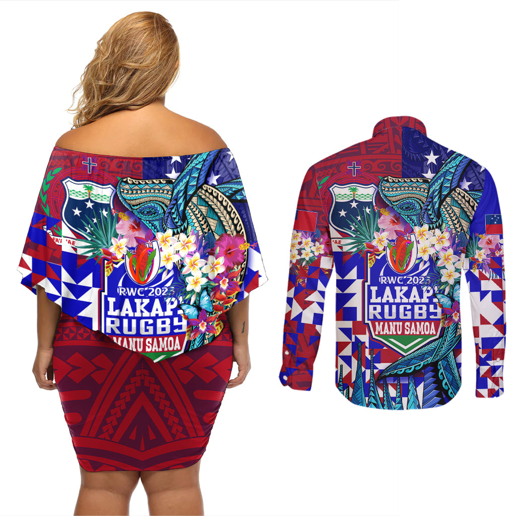 manu-samoa-rugby-2023-couples-matching-off-shoulder-short-dress-and-long-sleeve-button-shirts-humpback-whale-hexagon-tribal-tropical-style