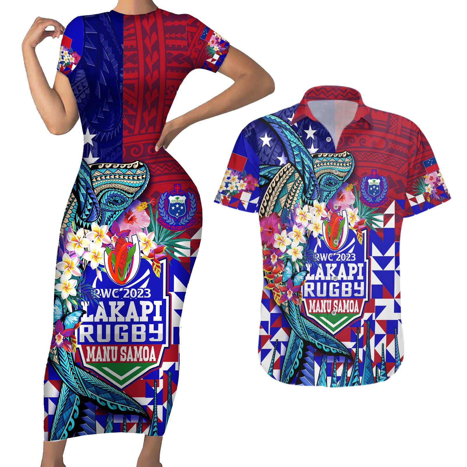 manu-samoa-rugby-2023-couples-matching-short-sleeve-bodycon-dress-and-hawaiian-shirt-humpback-whale-hexagon-tribal-tropical-style