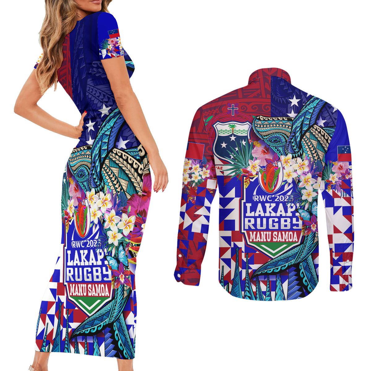 manu-samoa-rugby-2023-couples-matching-short-sleeve-bodycon-dress-and-long-sleeve-button-shirts-humpback-whale-hexagon-tribal-tropical-style