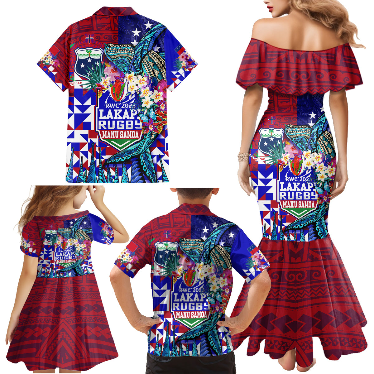 manu-samoa-rugby-2023-family-matching-mermaid-dress-and-hawaiian-shirt-humpback-whale-hexagon-tribal-tropical-style
