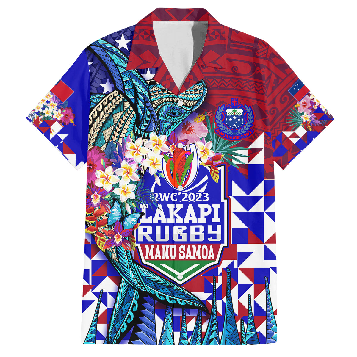 manu-samoa-rugby-2023-family-matching-off-shoulder-short-dress-and-hawaiian-shirt-humpback-whale-hexagon-tribal-tropical-style