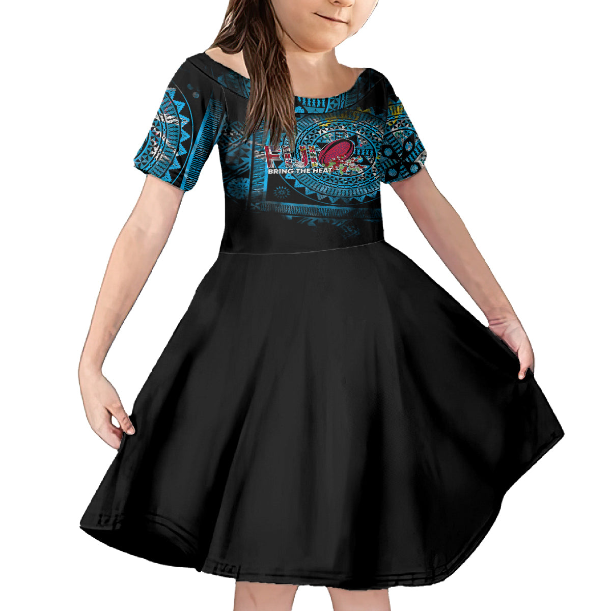 Fiji Rugby Family Matching Off Shoulder Maxi Dress and Hawaiian Shirt Bring The Heat DT02 Daughter's Dress Blue - Polynesian Pride