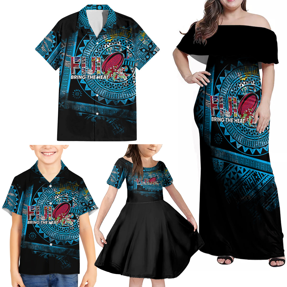 Fiji Rugby Family Matching Off Shoulder Maxi Dress and Hawaiian Shirt Bring The Heat DT02 - Polynesian Pride