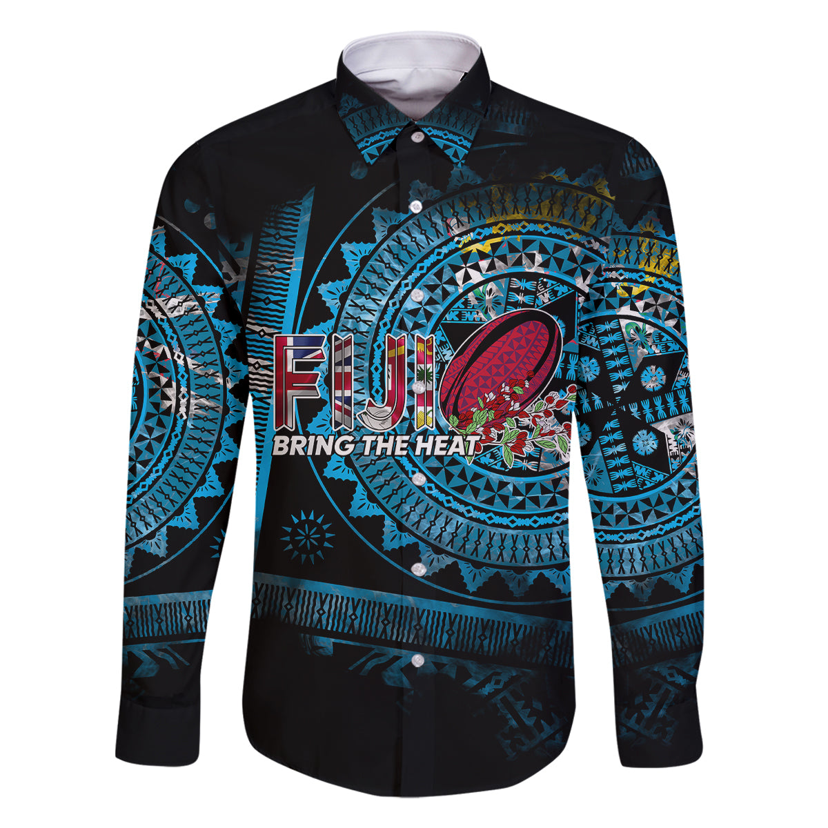 Fiji Rugby Family Matching Off Shoulder Maxi Dress and Hawaiian Shirt Bring The Heat DT02 Dad's Shirt - Long Sleeve Blue - Polynesian Pride