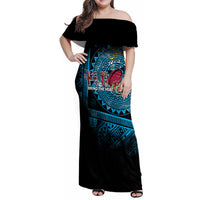 Fiji Rugby Family Matching Off Shoulder Maxi Dress and Hawaiian Shirt Bring The Heat DT02 Mom's Dress Blue - Polynesian Pride