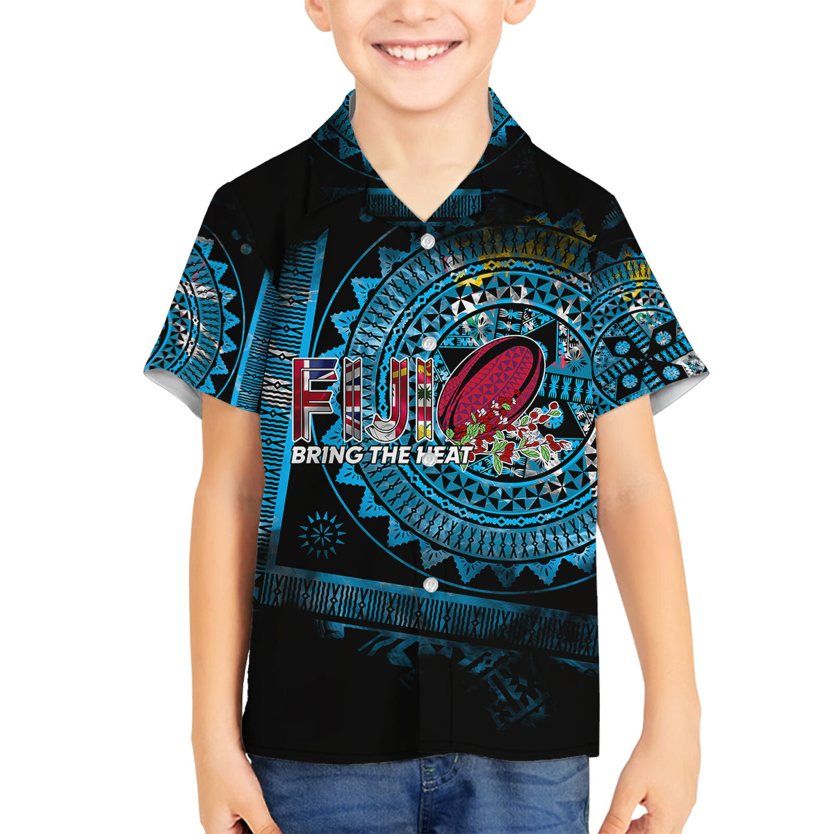 Fiji Rugby Family Matching Puletasi Dress and Hawaiian Shirt Bring The Heat DT02 Son's Shirt Blue - Polynesian Pride