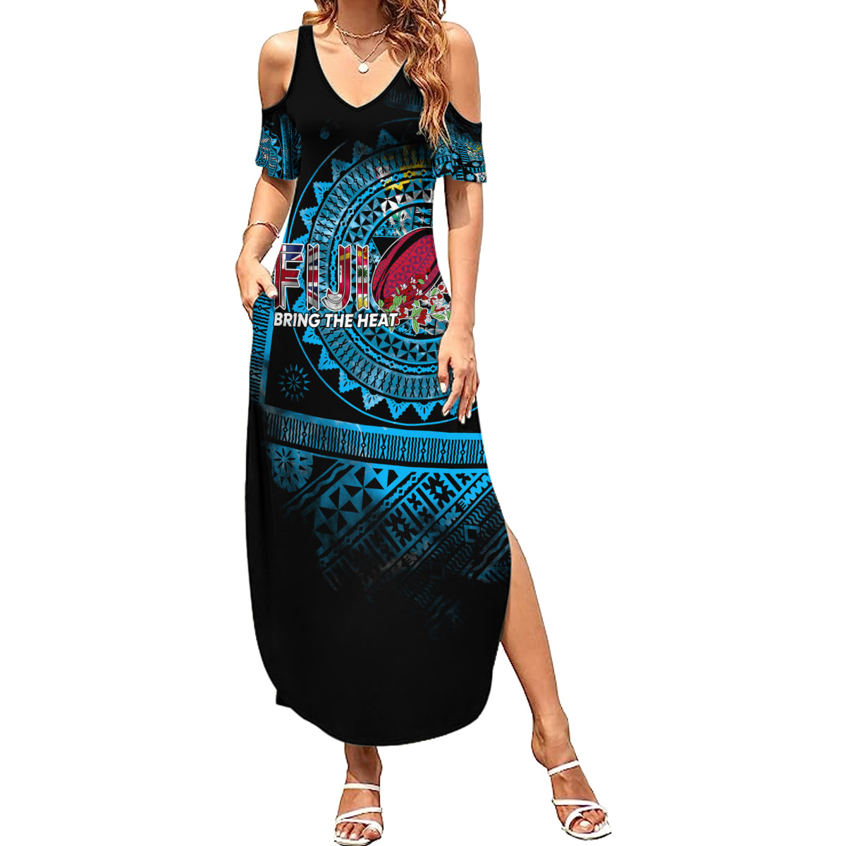 Fiji Rugby Family Matching Summer Maxi Dress and Hawaiian Shirt Bring The Heat DT02 Mom's Dress Blue - Polynesian Pride