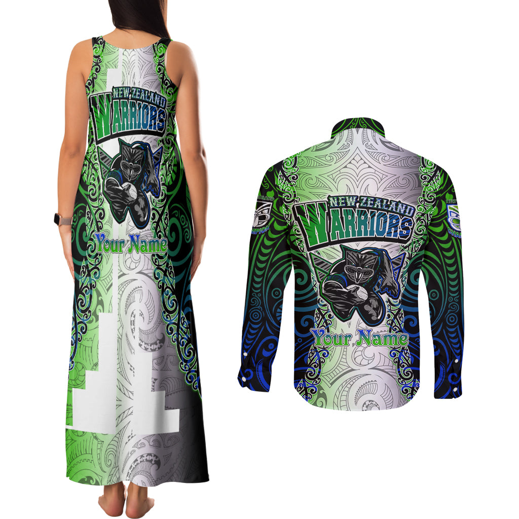 Personalised New Zealand Warriors Couples Matching Tank Maxi Dress and Long Sleeve Button Shirt Maori Silver Fern Green DT02 - Polynesian Pride
