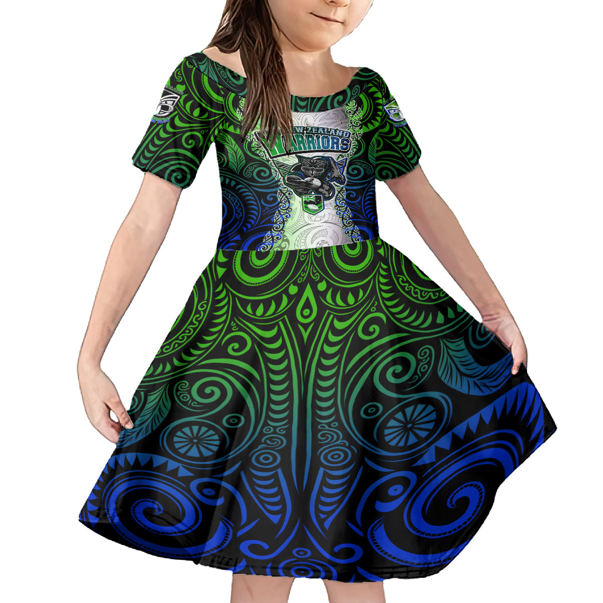 Personalised New Zealand Warriors Family Matching Off Shoulder Short Dress and Hawaiian Shirt Maori Silver Fern Green DT02 Daughter's Dress Green - Polynesian Pride