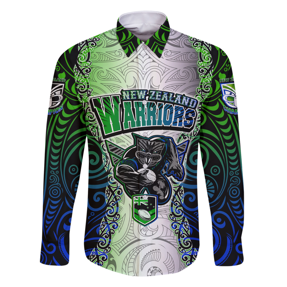 Personalised New Zealand Warriors Family Matching Short Sleeve Bodycon Dress and Hawaiian Shirt Maori Silver Fern Green DT02 Dad's Shirt - Long Sleeve Green - Polynesian Pride