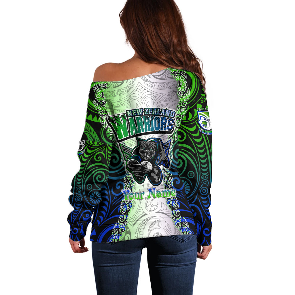 Personalised New Zealand Warriors Off Shoulder Sweater Maori Silver Fern Green DT02 - Polynesian Pride